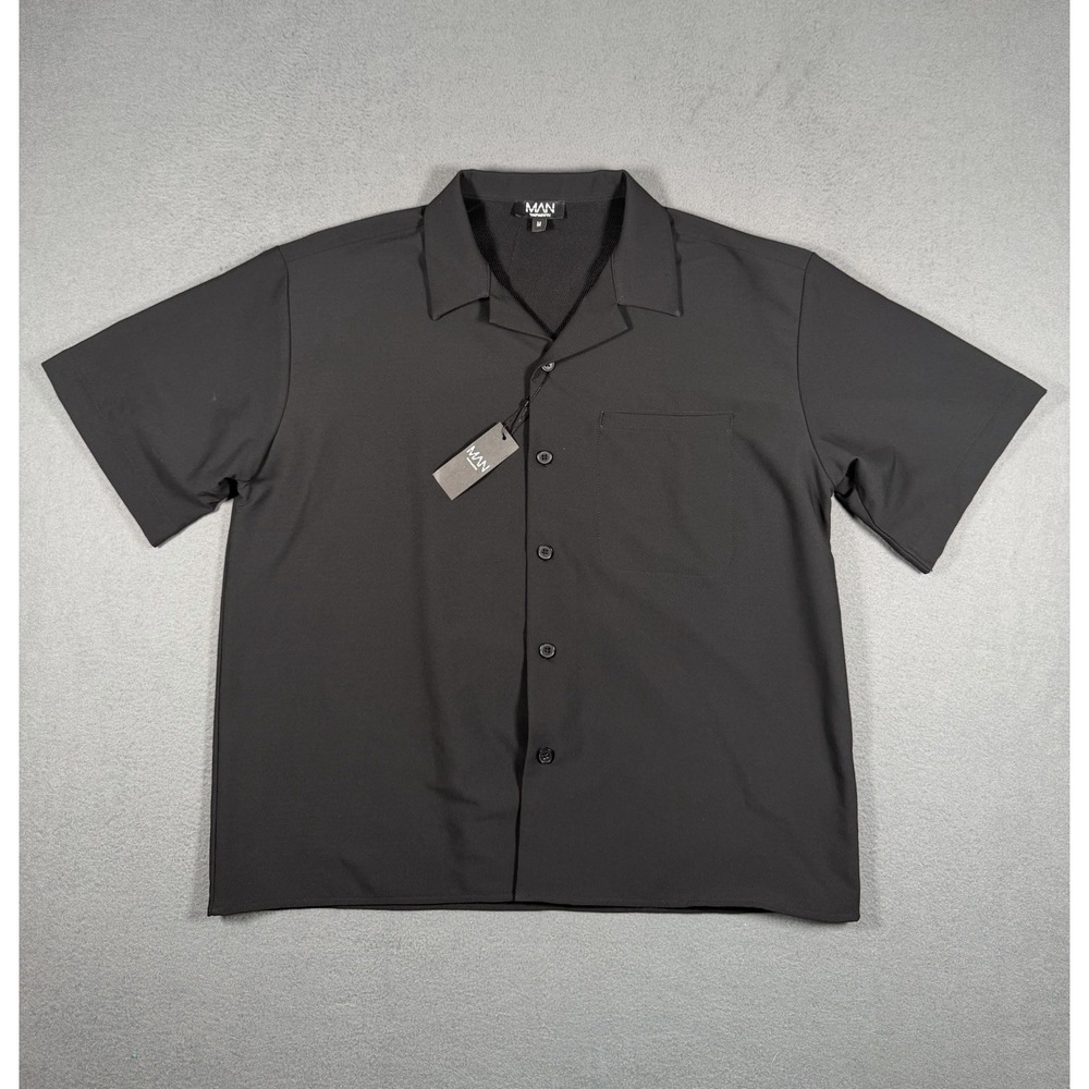boohooMAN Mens Black Oversized Revere Shirt Size M NWT Camp Collar Stretch